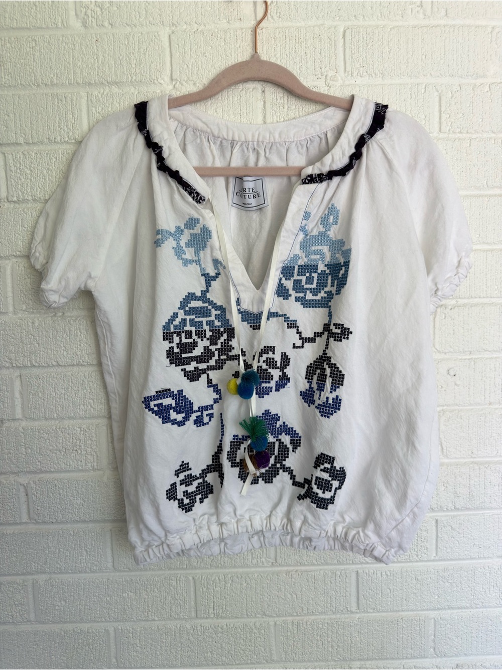 White Embroidered Peasant Linen Tunic w/ Blue Floral Cross-Stitch Forte Couture